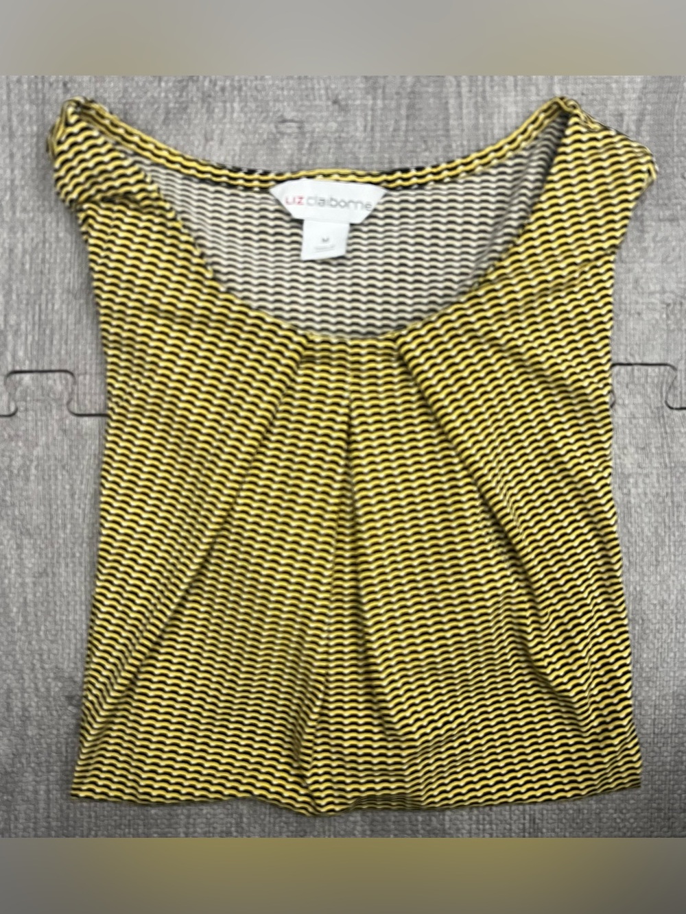 Liz Claiborne Yellow Black White Striped Scoop Neck Pleated Blouse Women's M